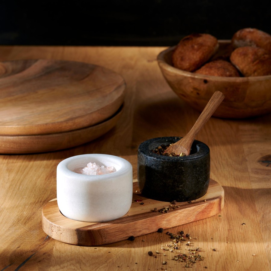 CASA Accesorios De Cocina | Marble Pimentero/Salero Con Cuchara Y Sop. Negro, Blanco, Natural